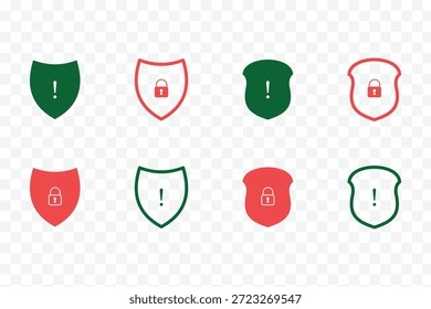Three shield icons with checkmarks representing security safety and approval isolated on transparent background. Shield security icon set, protection symbols, security icon with check mark lock sign