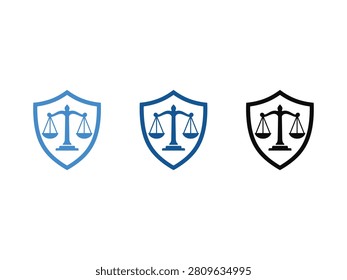 Three shield icons featuring the scales of justice symbol in blue and black.