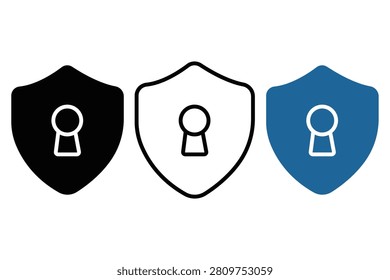 Three shield icons with keyhole symbols one solid black one outline one blue