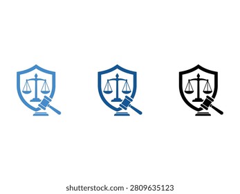 Three shield icons with scales of justice and gavel symbols in blue and black.