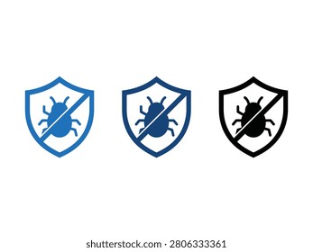 Three shield icons with stylized bug symbols and prohibition signs representing cybersecurity and protection against viruses