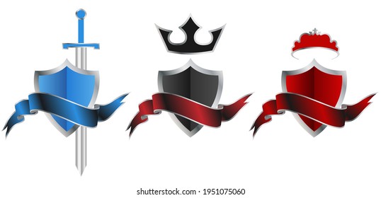 Three shields with ribbon. Blue shield with a sword, black shield with a crown, red shield with a princess crown.