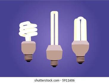 Three shining energy saving light bulbs in different types with dark background.