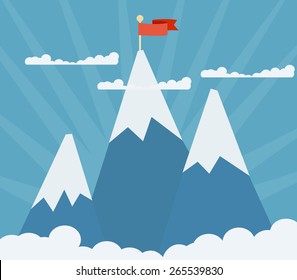 Three Shining Mountain Peaks On A Blue Background With A Red Flag On Top Of One Of Them