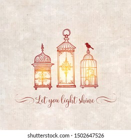 Three shining vintage rustic lanterns in doodle style on textured paper background