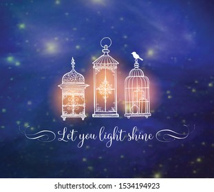 Three shining vintage rustic lanterns in doodle style on dark blue glowing background