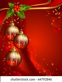 three shiny ball on the red Christmas background