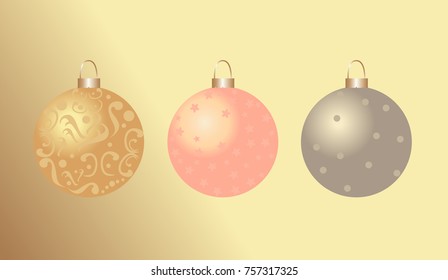 Three shiny Christmas decorations. Christmas balls with patterns. Vector illustration.