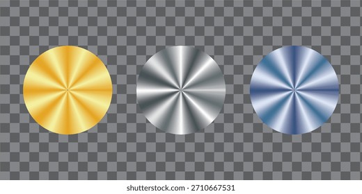 Tres íconos circulares brillantes con una textura de metal cepillado radial en distintos colores: oro brillante, plata fresca y azul vibrante, perfecto para Elementos de diseño.