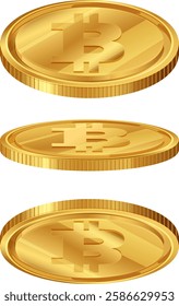 Three shiny coins with Bitcoin symbol displayed