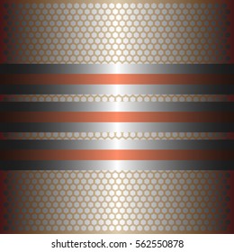 Three shiny copper lines with silver background.three glossy silver line.gold plate with hexagon holes style design .