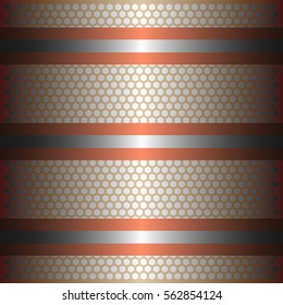 Three shiny copper lines with silver background.three glossy silver line.gold plate with hexagon holes style design .