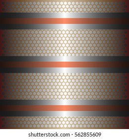 Three shiny copper lines with silver background.three glossy silver line.gold plate with hexagon holes style design .