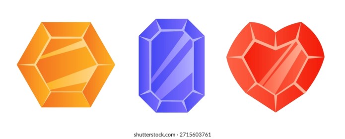 Tres brillantes gemas de diferentes Formas. Ilustración vectorial aislada en un fondo blanco
