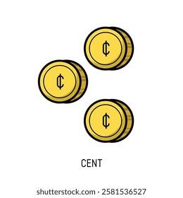 Three shiny gold cent coins illustration perfect for finance websites or mobile apps. Use it to represent small payments or savings