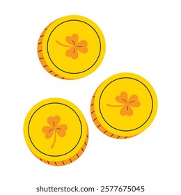 Three shiny gold coins decorated with shamrocks, symbols of St. Patrick's Day and good luck. Vector illustration.