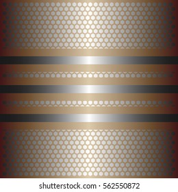 Three shiny gold lines with silver background.three glossy silver line.gold plate with hexagon holes style design .