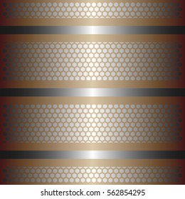 Three shiny gold lines with silver background.three glossy silver line.gold plate with hexagon holes style design .
