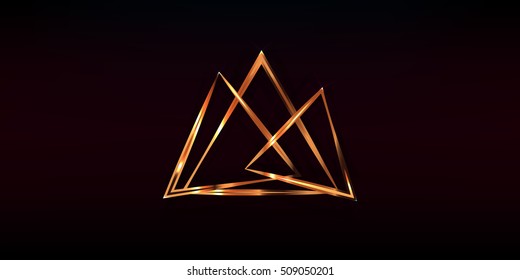 Three shiny golden triangles on dark brown