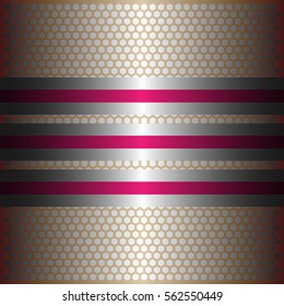 Three shiny pink lines with silver background.three glossy silver line.gold plate with hexagon holes style design .