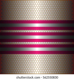 Three shiny pink lines with silver background.three glossy silver line.gold plate with hexagon holes style design .