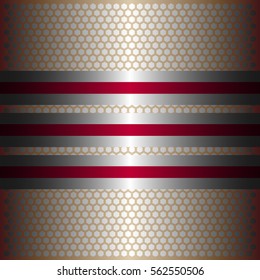 Three shiny red lines with silver background.three glossy silver line.gold plate with hexagon holes style design .