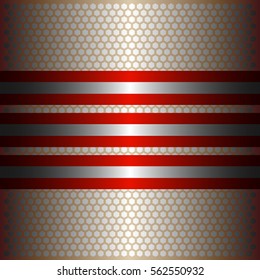 Three shiny red lines with silver background.three glossy silver line.gold plate with hexagon holes style design .