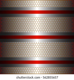 Three shiny red lines with silver background.three glossy silver line.gold plate with hexagon holes style design .