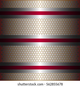 Three shiny red lines with silver background.three glossy silver line.gold plate with hexagon holes style design .