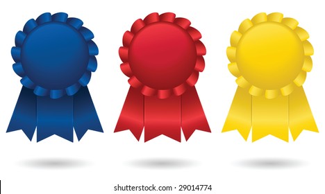 Three shiny, satin ribbons, representing first, second and third place; vector file contains unexpanded blends.