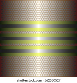Three shiny yellow lines with silver background.three glossy silver line.gold plate with hexagon holes style design .