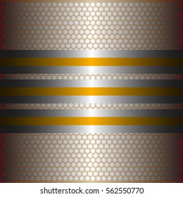 Three shiny yellow lines with silver background.three glossy silver line.gold plate with hexagon holes style design .