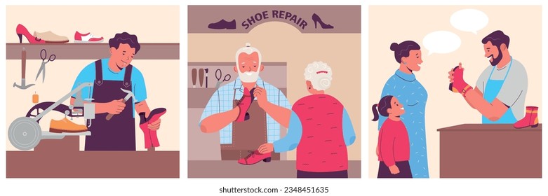 Three shoe repair flat illustration set with masters repairs shoes or assesses shoe damage with customers vector illustration