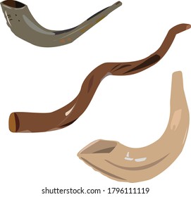 Three shofar horns of different colors