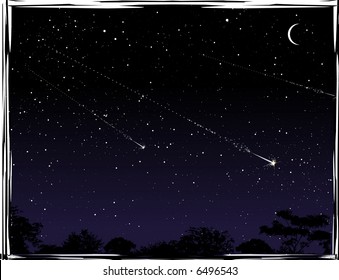 Three shooting stars at night.