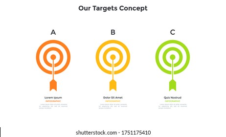 Three shooting targets with arrow in center. Concept of 3 strategic steps to achievement of business success. Simple infographic design template. Modern flat vector illustration for presentation.