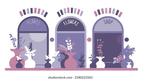 Three shop windows: Plants Flowers Shop. vector design