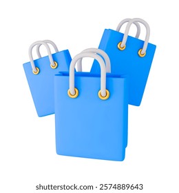 Three shopping bags 3d. Blue shopping bags isolated on white. Realistic vector illustration of gift bag. Online or retail shopping symbol. Sale, discount concept.