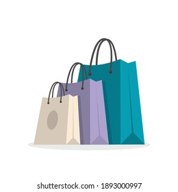 Three shopping bags. Beige, violet and blue. Isolated vector illustration