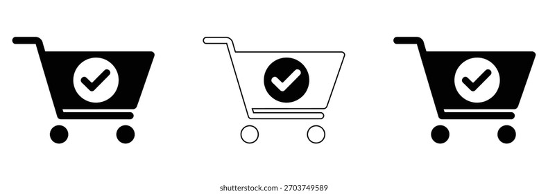 Tres Carritos de compras con marcas de verificación ofrecen confirmación de compra y un Completar compra optimizado para el comercio electrónico moderno, que simboliza la confianza y la eficacia