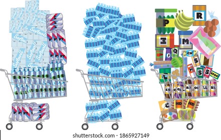 three shopping carts full of food and supplies hoarding	
