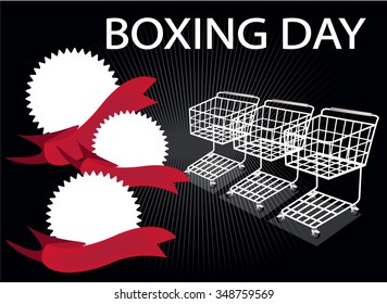 Three Shopping Carts and Three Round Label on Boxing Day Background with Copy Space and Text Decorated, Sign for Start Christmas Shopping Season.

