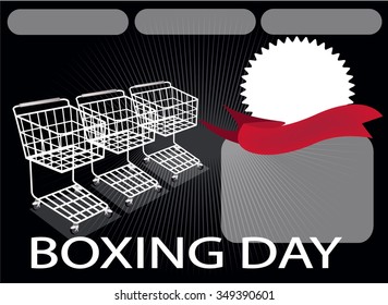 Three Shopping Carts and A Round Label on Boxing Day Background with Copy Space and Text Decorated, Sign for Start Christmas Shopping Season.
