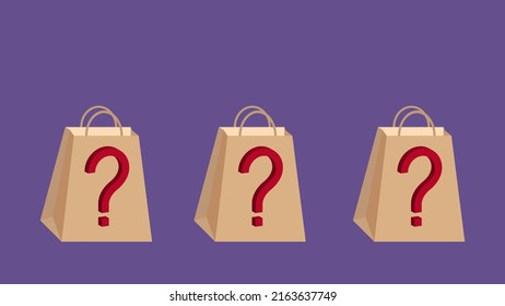 Three shopping paper empty bag with large red question mark on purple very peri background. Rising food prices. Inflation concept. Retail industry. Global food crisis. Copy space. Ads banner. Shopping