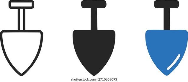 Three shovel icons outline solid and blue fill styles gardening tool construction tool