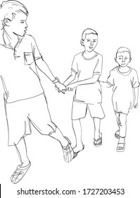 The three siblings hold hands together to walk together.