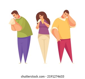 Three sick people with flu symptoms coughing sneezing and having headache flat vector illustration