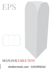 Three Side Table Tent Template, Vector With Die Cut / Laser Cut Lines. White, Clear, Blank, Isolated Table Tent Mock Up On White Background With Perspective View. Self Lock, Without Glue, Cut And Fold