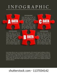 Three sided 3d puzzle presentation. Abstract puzzle infographic template with explanatory text field for business statistics. Vector Three pieces puzzles illustration. Section compare service banner.