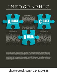 Three sided 3d puzzle presentation. Abstract puzzle infographic template with explanatory text field for business statistics. Vector Three pieces puzzles illustration. Section compare service banner.